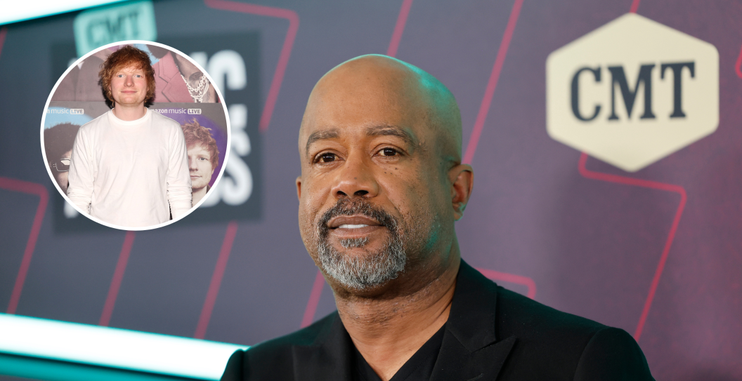 AUSTIN, TEXAS - APRIL 02: Darius Rucker wearing The Covenant School ribbon attends the 2023 CMT Music Awards at Moody Center on April 02, 2023 in Austin, Texas and LOS ANGELES, CALIFORNIA - SEPTEMBER 21: Ed Sheeran poses backstage at Amazon Music Live Concert Series 2023 on September 21, 2023 in Los Angeles, California.