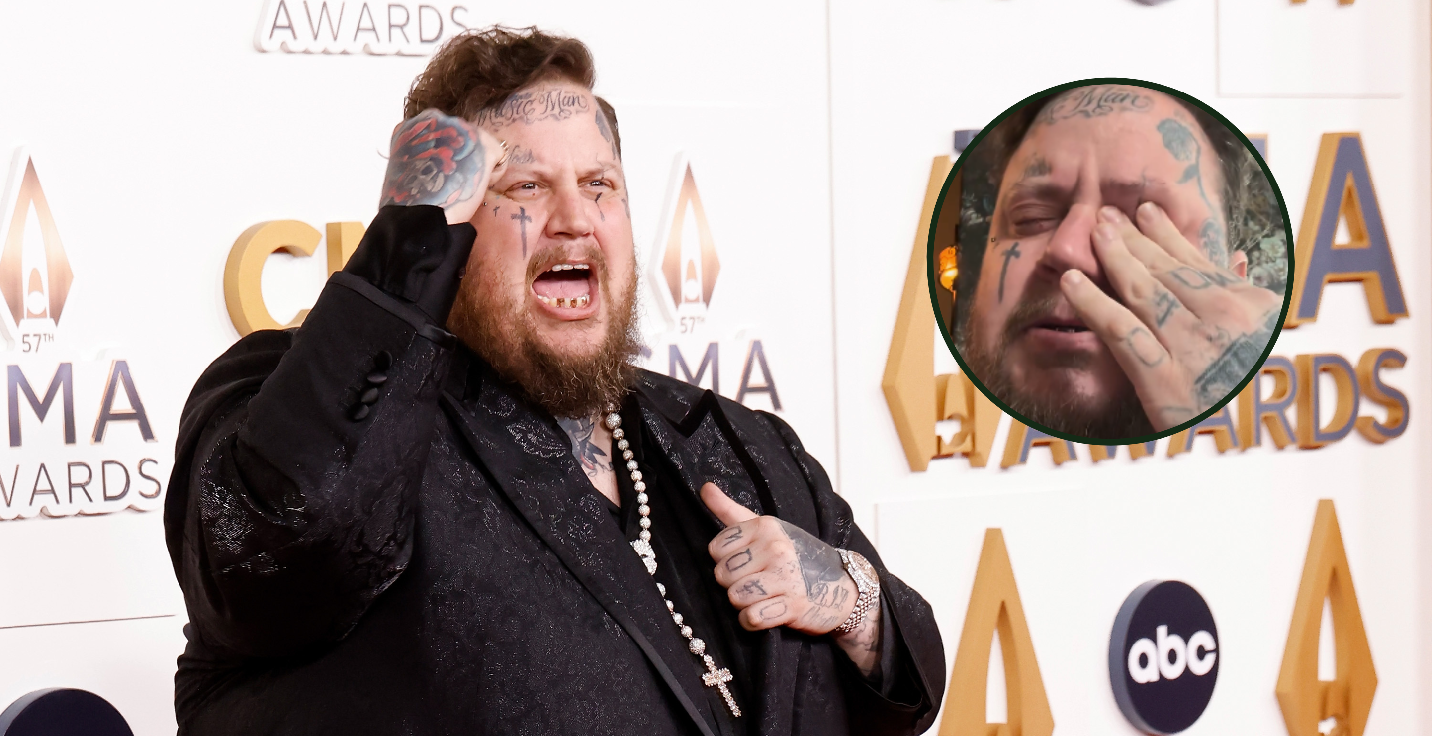 NASHVILLE, TENNESSEE - NOVEMBER 08: EDITORIAL USE ONLY: Bunnie Xo and Jelly Roll attend the 2023 CMA Awards at Bridgestone Arena on November 08, 2023 in Nashville, Tennessee and screengrab from Jelly Roll's Instagram of his reaction to being nominated for a Best New Artist Grammy award.