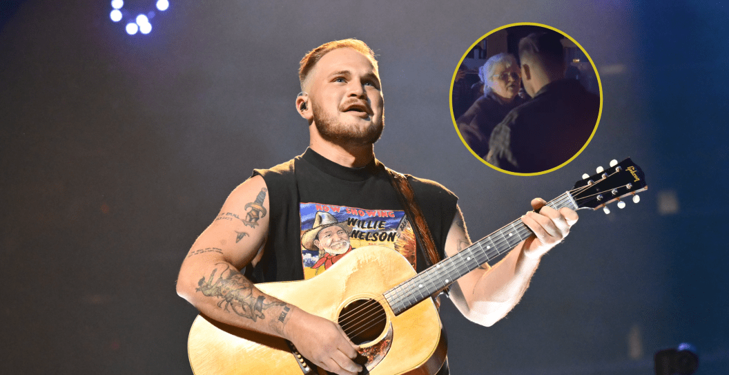 Zach Bryan performs during a concert held at the Crypto.com Arena on August 23, 2023 in Los Angeles, California and screengrab from the viral video of Bryan dancing with his grandma.