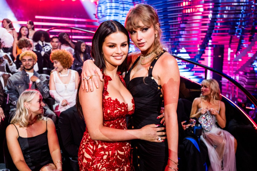 NEWARK, NEW JERSEY - SEPTEMBER 12: (L-R) Selena Gomez and Taylor Swift attend the 2023 Video Music Awards at Prudential Center on September 12, 2023 in Newark, New Jersey. 
