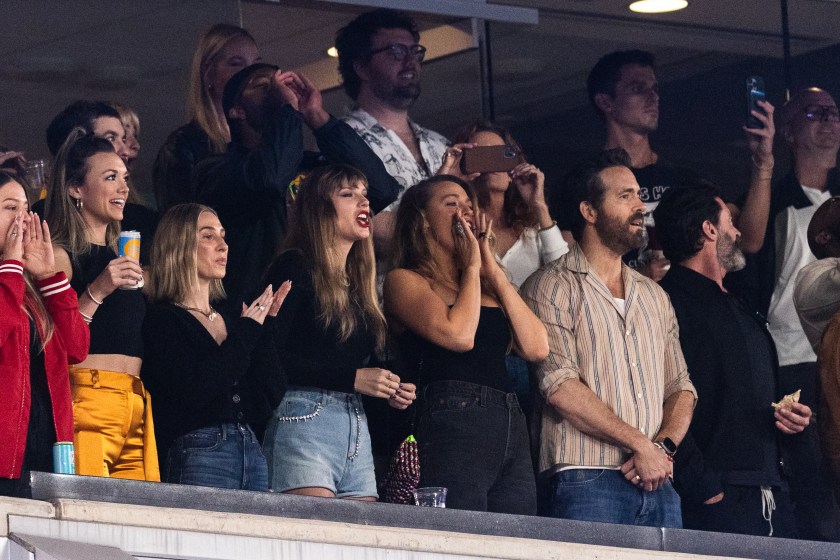 EAST RUTHERFORD, NEW JERSEY - OCTOBER 01: (L-R) Singer Taylor Swift, Blake Lively, and Actor Ryan Reynolds look on prior to the game between the Kansas City Chiefs and the New York Jets at MetLife Stadium on October 01, 2023 in East Rutherford, New Jersey.
