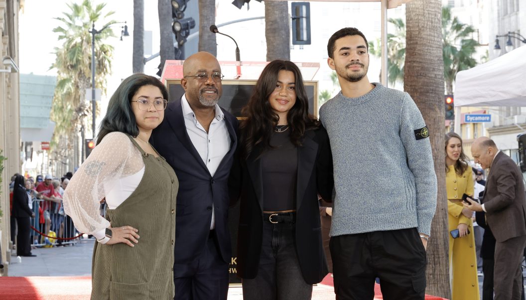 HOLLYWOOD, CALIFORNIA - DECEMBER 04: (L-R) Caroline Rucker, Darius Rucker, Daniella Rucker and Jack Rucker attend the ceremony honoring Darius Rucker with a Star on the Hollywood Walk of Fame on December 04, 2023 in Hollywood, California.