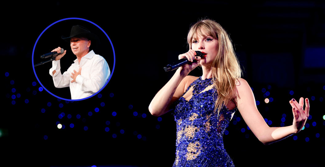 Taylor Swift performs onstage during "Taylor Swift | The Eras Tour" at Allianz Parque on November 24, 2023 in Sao Paulo, Brazil./ Kenny Chesney performs at the 53rd Anniversary Nashville Songwriters Hall Of Fame Gala at Music City Center on October 11, 2023 in Nashville, Tennessee.