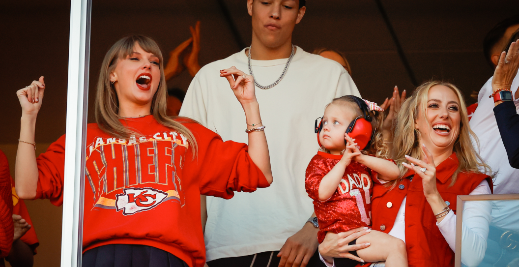 Taylor Swift and Brittany Mahomes react during a game between the Los Angeles Chargers and Kansas City Chiefs at GEHA Field at Arrowhead Stadium on October 22, 2023 in Kansas City, Missouri