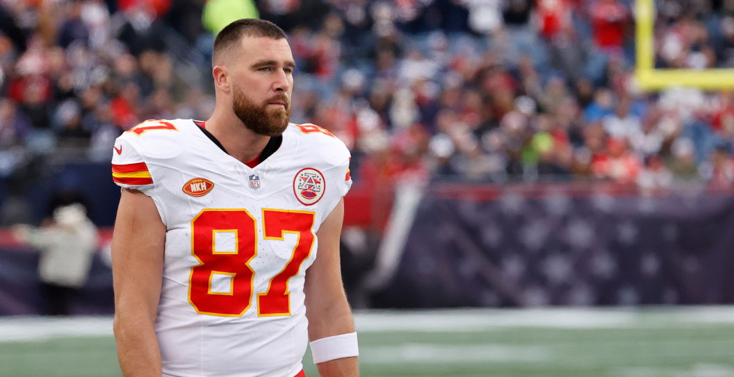Kansas City Chiefs tight end Travis Kelce (87) during a game between the New England Patriots and the Kansas City Chiefs on December 17, 2023, at Gillette Stadium in Foxborough, Massachusetts