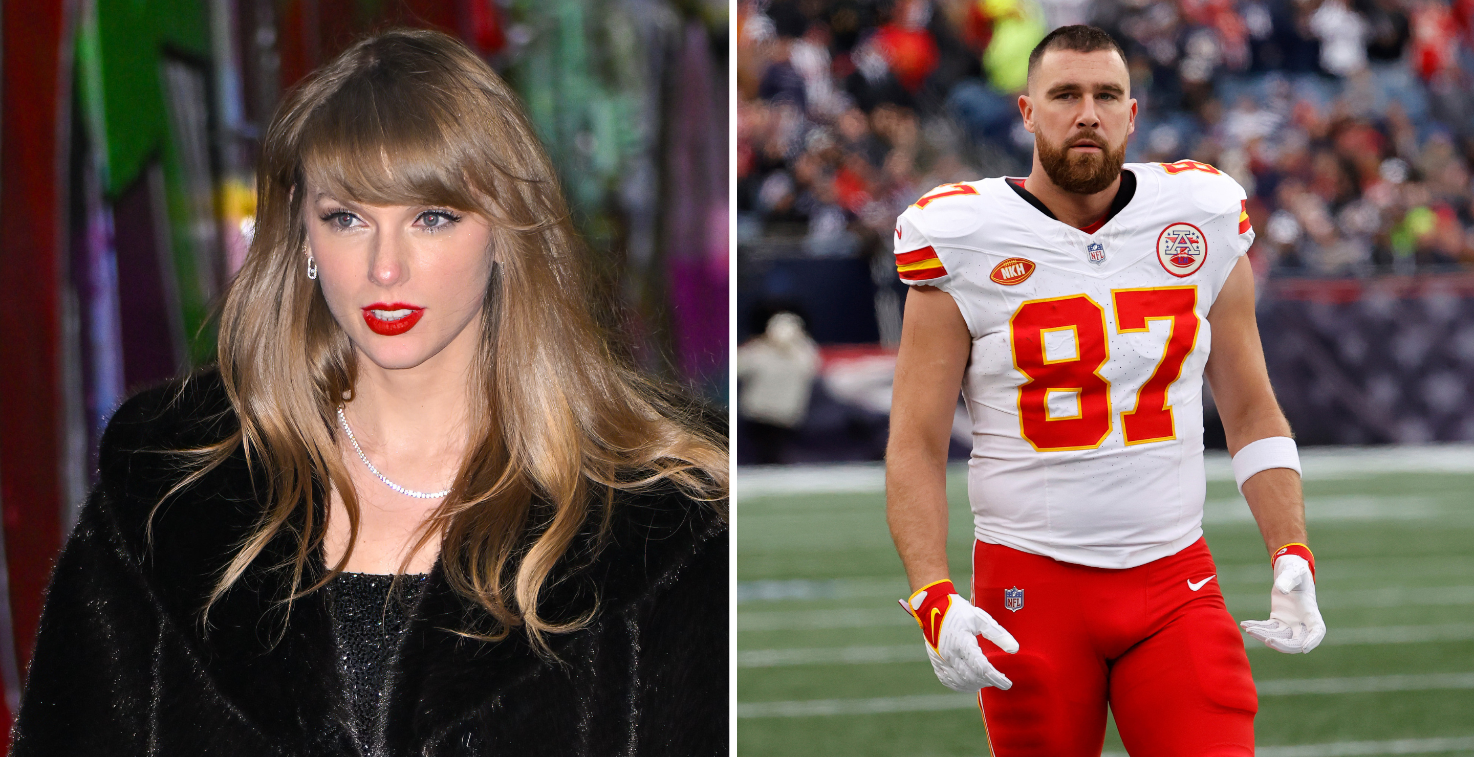 Taylor Swift leaves The Box after celebrating her 34th birthday on December 14, 2023 in New York City./ Kansas City Chiefs tight end Travis Kelce (87) during a game between the New England Patriots and the Kansas City Chiefs on December 17, 2023, at Gillette Stadium in Foxborough, Massachusetts.