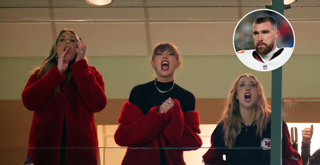 GREEN BAY, WISCONSIN - DECEMBER 03: (L-R) Lyndsay Bell, Taylor Swift and Brittany Mahomes react in a suite during the game between the Kansas City Chiefs and the Green Bay Packers at Lambeau Field on December 03, 2023 in Green Bay, Wisconsin GREEN BAY, WISCONSIN - DECEMBER 03: Travis Kelce #87 of the Kansas City Chiefs looks on before the game against the Green Bay Packers at Lambeau Field on December 03, 2023 in Green Bay, Wisconsin.
