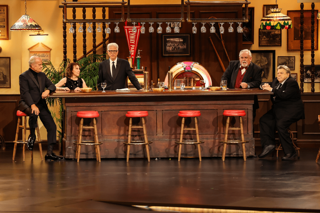 Kelsey Grammer, Rhea Perlman, Ted Danson, John Ratzenberger and George Wendt speak onstage during the 75th Primetime Emmy Awards
