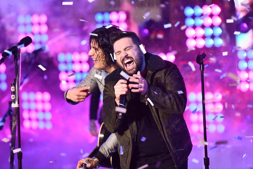 NEW YORK, NEW YORK - DECEMBER 31: Dan Smyers and Shay Mooney of Dan + Shay perform during New Year's Eve 2019 in Times Square on December 31, 2018 in New York City.