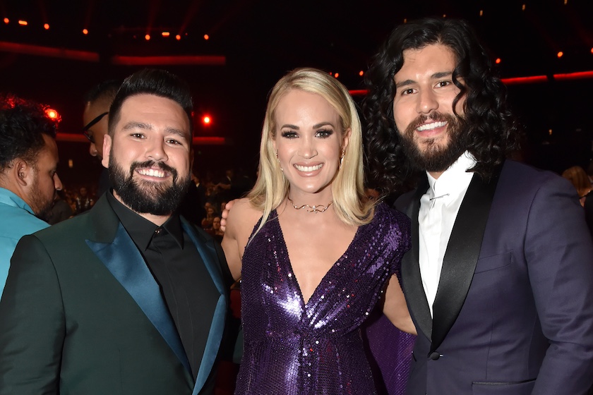 LOS ANGELES, CALIFORNIA - NOVEMBER 24: (L-R) Shay Mooney of Dan + Shay, Carrie Underwood, and Dan Smyers of Dan + Shay attend the 2019 American Music Awards at Microsoft Theater on November 24, 2019 in Los Angeles, California. 