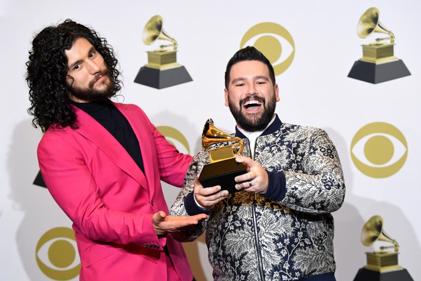 LOS ANGELES, CALIFORNIA - JANUARY 26: (L-R) Dan Smyers and Shay Mooney of Dan + Shay, winner of Best Country Duo/Group Performance for "Speechless", pose in the press room during the 62nd Annual GRAMMY Awards at Staples Center on January 26, 2020 in Los Angeles, California.