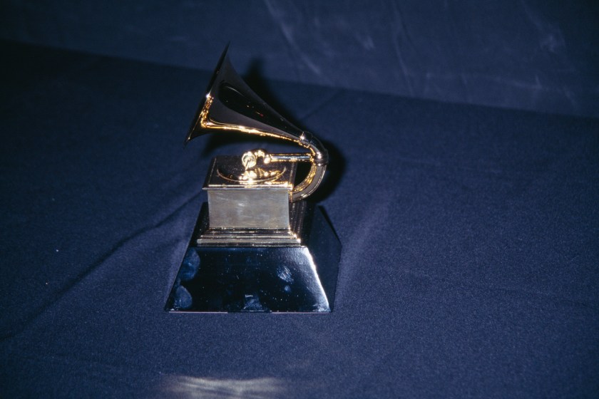 A gold-plated Grammy trophy, depicting a gilded gramophone, at the 38th Annual Grammy Awards, held at the Shrine Auditorium, Los Angeles, California, 28th February 1996. 