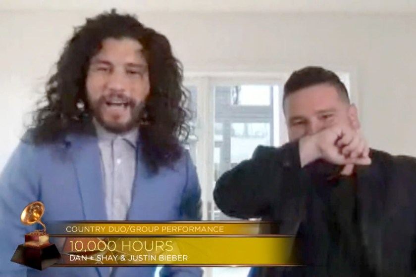 UNSPECIFIED: In this screengrab released on March 14, (L-R) Dan Smyers and Shay Mooney of music group Dan + Shay accept the Best Country Duo/Group Performance for '10,000 Hours' (with Justin Bieber) at the 63rd Annual GRAMMY Awards Premiere Ceremony broadcast on March 14, 2021.
