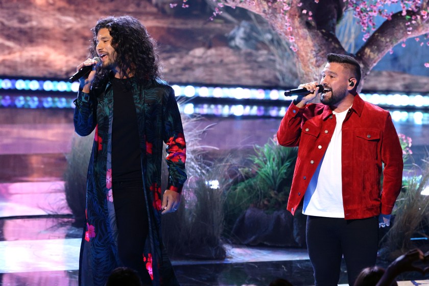 LOS ANGELES, CALIFORNIA - MAY 27: (EDITORIAL USE ONLY) (L-R) Dan Smyers and Shay Mooney of music group Dan + Shay perform onstage at the 2021 iHeartRadio Music Awards at The Dolby Theatre in Los Angeles, California, which was broadcast live on FOX on May 27, 2021.
