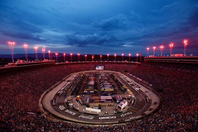 BRISTOL, TENNESSEE - SEPTEMBER 18: A general view of the speedway during pre-race ceremonies prior to the NASCAR Cup Series Bass Pro Shops Night Race at Bristol Motor Speedway on September 18, 2021 in Bristol, Tennessee.