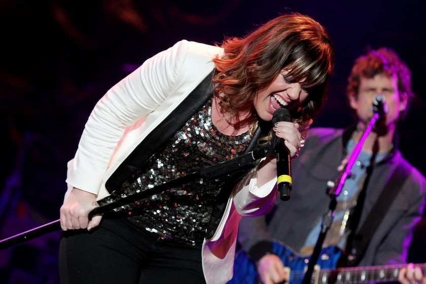 Lowell, MA - DECEMBER 8: Kelly Clarkson performs at Kiss 108 FM's Jingle Ball 2011 at the Tsongas Center in Lowell, MA on December 8, 2011.