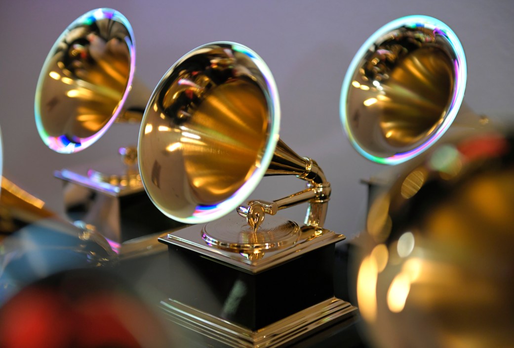 LAS VEGAS, NEVADA - APRIL 03: Grammy trophies sit in the press room during the 64th Annual GRAMMY Awards at MGM Grand Garden Arena on April 03, 2022 in Las Vegas, Nevada.