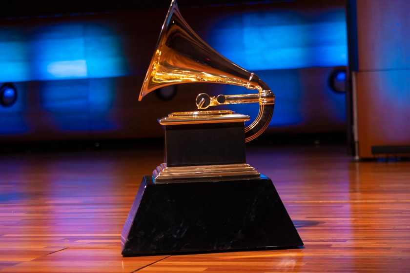 ATLANTA, GEORGIA - OCTOBER 10: A detail view of a gigant Grammy trophy during the HBCU Love Tour Atlanta: Grammy U Masterclass at Ray Charles Performing Arts Center on October 10, 2022 in Atlanta, Georgia. 