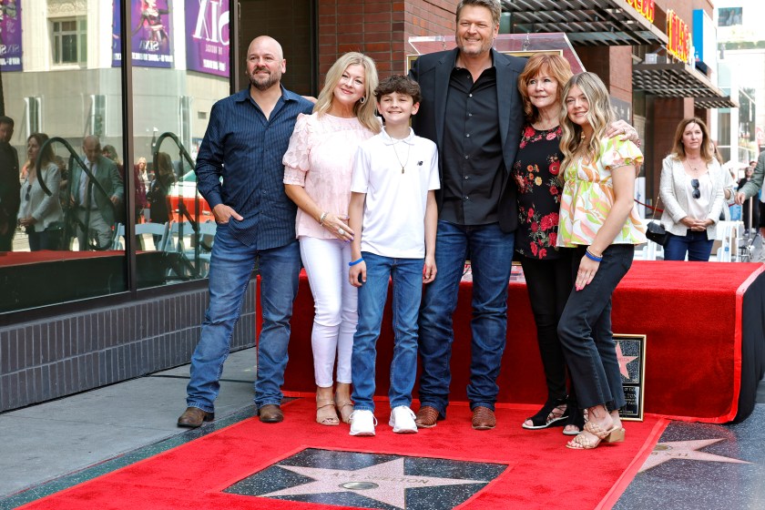 HOLLYWOOD, CALIFORNIA - MAY 12: (L-R) Mike Intrieri, Endy Intrieri, Ryan Intrieri, Blake Shelton, Dorothy Shackleford, and Jace Intrieri attend Blake Shelton's Star Ceremony on The Hollywood Walk Of Fame on May 12, 2023 in Hollywood, California.