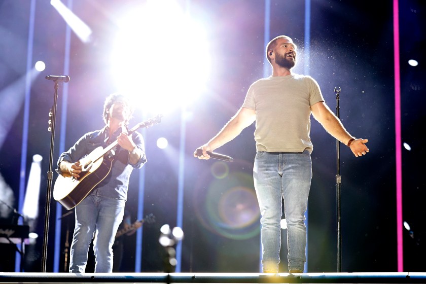 NASHVILLE, TENNESSEE - JUNE 08: (L-R) Shay Mooney and Dan Smyers of Dan + Shay perform on stage during day one of CMA Fest on June 08, 2023 in Nashville, Tennessee. 