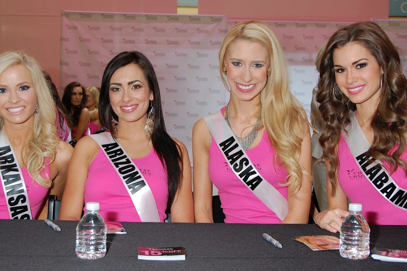 LAS VEGAS, NV - JUNE 08: (L-R) Miss Arkansas USA Hannah Billingsley, Miss Arizona USA Rachel Massie, Miss Alaska USA Melissa McKinney and Miss Alabama USA Mary Margaret McCord attend an autograph signing at the Chinese Laundry store at the Fashion Show mall on June 8, 2013 in Las Vegas, Nevada. 