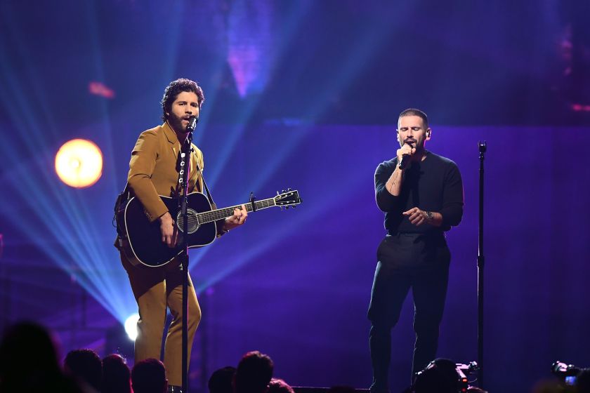 LAS VEGAS, NEVADA - OCTOBER 07: (L-R) Dan Smyers and Shay Mooney of Dan + Shay perform onstage during The Event hosted by the Shaquille O'Neal Foundation on October 07, 2023 in Las Vegas, Nevada.