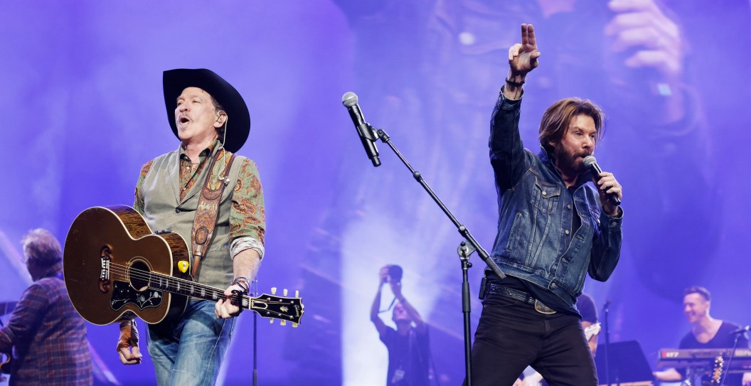 NASHVILLE, TENNESSEE - DECEMBER 05: (EDITORIAL USE ONLY) (L-R) Kix Brooks and Ronnie Dunn of Brooks and Dunn perform onstage for All for the Hall a concert hosted by Keith Urban and Vince Gill benefiting the Country Music Hall of Fame and Museum at Bridgestone Arena on December 05, 2023 in Nashville, Tennessee.
