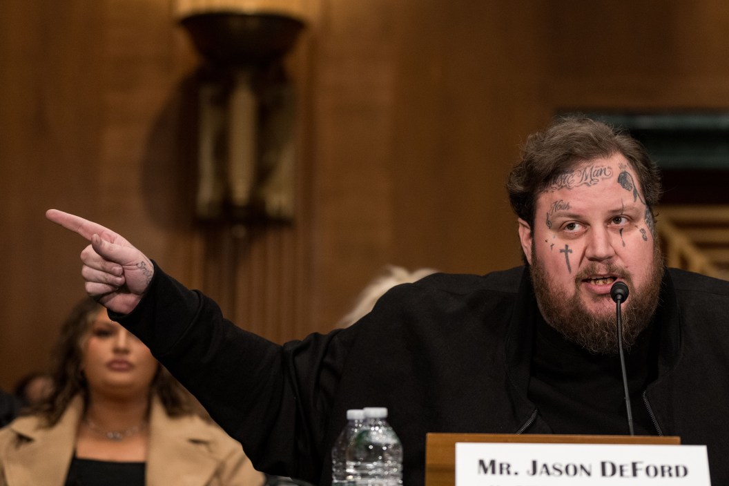 WASHINGTON, DC - JANUARY 11: American singer and songwriter Jason "Jelly Roll" DeFord testifies before the Senate Banking, Housing, and Urban Affairs committee on January 11, 2024 in Washington, DC. The hearing examined legislative solutions and public education for stopping the flow of fentanyl into and throughout the United States. (