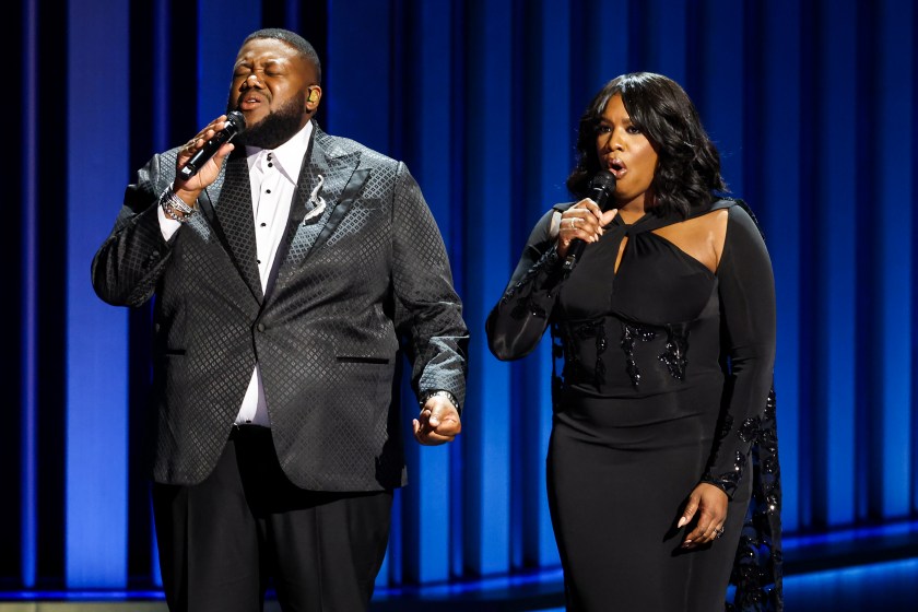 LOS ANGELES, CALIFORNIA - JANUARY 15: (L-R) Michael Trotter Jr. and Tanya Trotter of The War and Treaty perform onstage during the 75th Primetime Emmy Awards at Peacock Theater on January 15, 2024 in Los Angeles, California. 