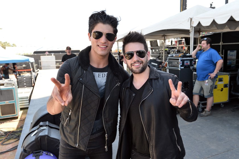 INDIO, CA - APRIL 26: Musicians Dan Smyers (L) and Shay Mooney of Dan + Shay pose backstage during day 2 of 2014 Stagecoach: California's Country Music Festival at the Empire Polo Club on April 26, 2014 in Indio, California. 