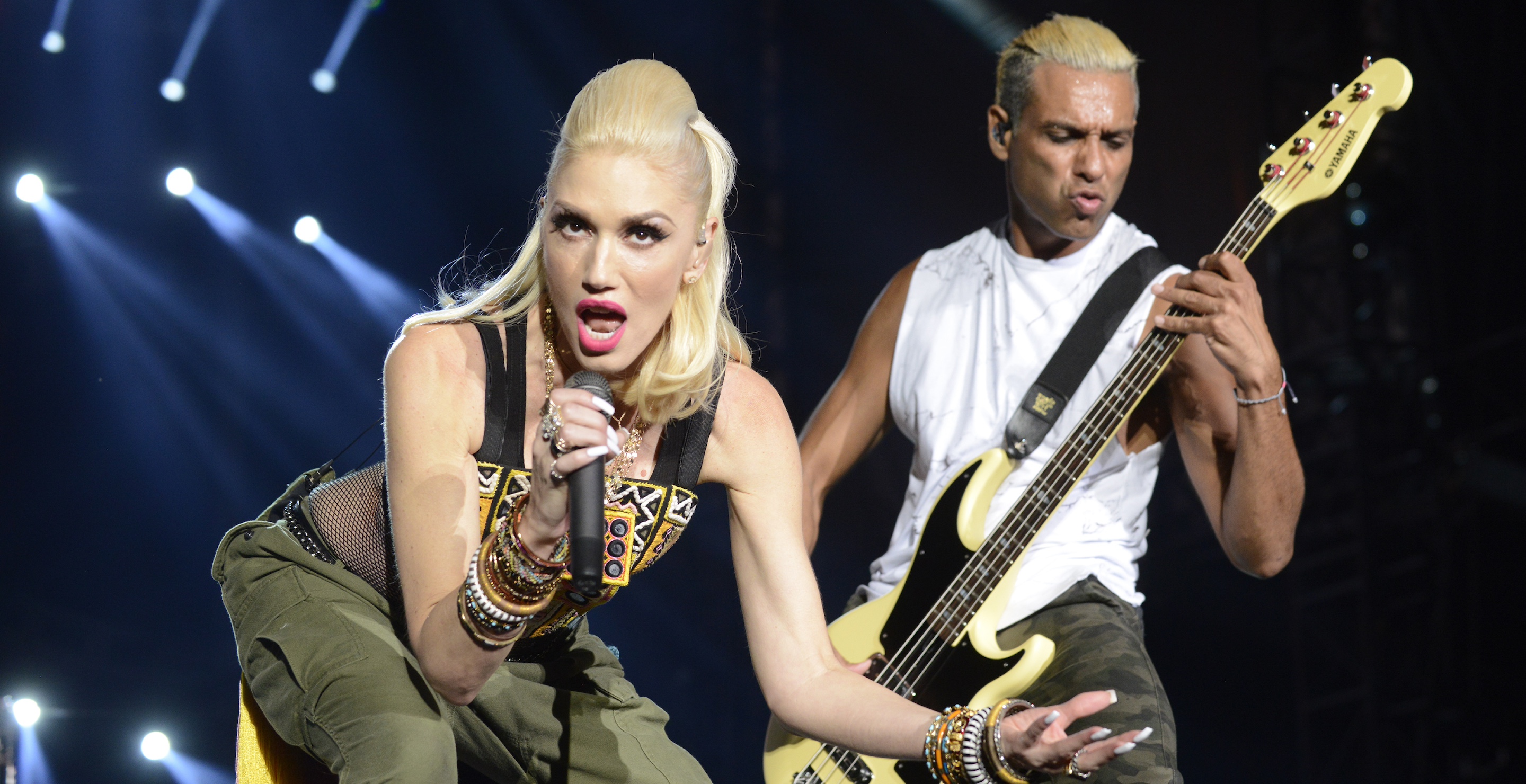 DEL MAR, CA - SEPTEMBER 18: Gwen Stefani (L) and Tony Kanal of No Doubt perform during KAABOO Festival 2015 at Del Mar Fairgrounds on September 18, 2015 in Del Mar, California.