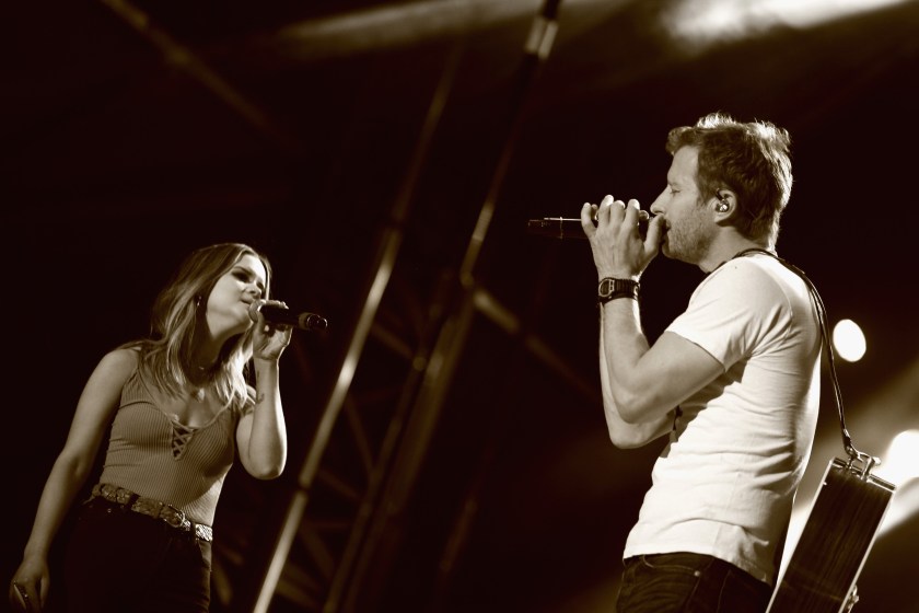 LAS VEGAS, NEVADA - APRIL 02: (EDITORS NOTE: This image was processed using digital filters.) Singers Maren Morris (L) and Dierks Bentley perform onstage at the 4th ACM Party for a Cause Festival at the Las Vegas Festival Grounds on April 2, 2016 in Las Vegas, Nevada.