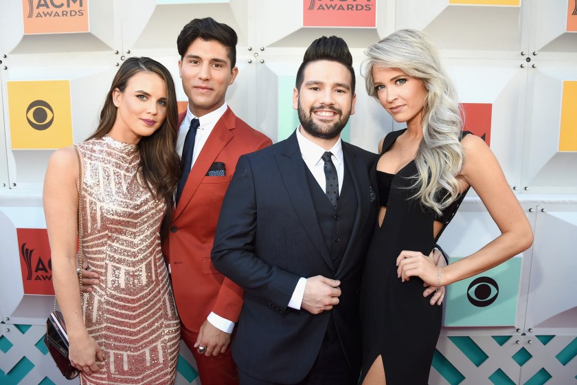 LAS VEGAS, NEVADA - APRIL 03: (L-R) Abby Law, recording artists Dan Smyers and Shay Mooney of music group Dan + Shay and Miss Arkansas USA 2013 Hannah Billingsley attend the 51st Academy of Country Music Awards at MGM Grand Garden Arena on April 3, 2016 in Las Vegas, Nevada. 