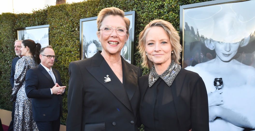 Annette Bening and Jodie Foster at the 81st Golden Globe Awards held at the Beverly Hilton Hotel on January 7, 2024 in Beverly Hills, California. (Photo by Alberto Rodriguez/Golden Globes 2024/Golden Globes 2024 via Getty Images)