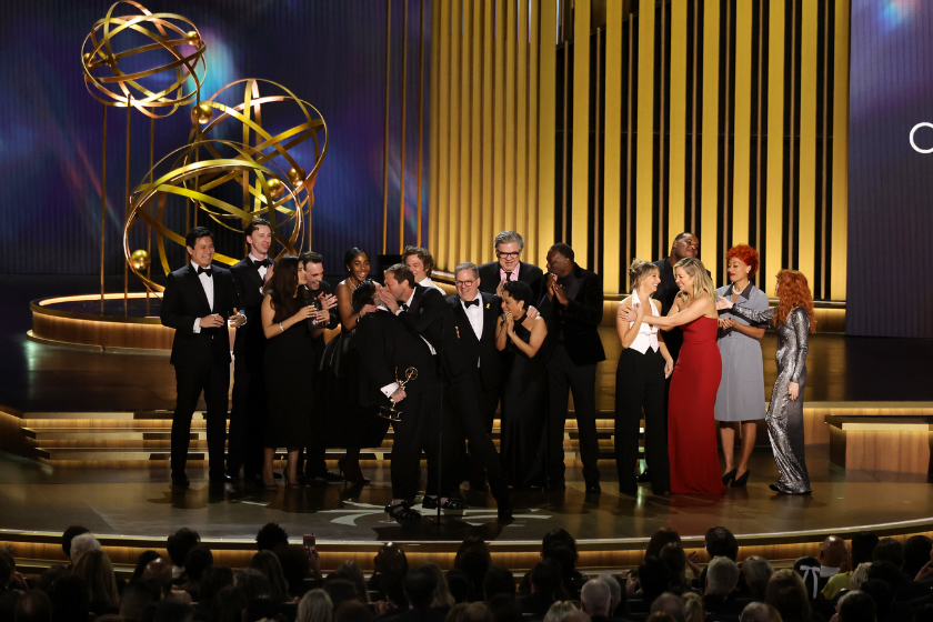 Cast and crew of "The Bear," including Christopher Storer, Joanna Calo, Ayo Edebiri, Matty Matheson, Jeremy Allen White, Tyson Bidner, Edwin Lee Gibson, Liza Colón-Zayas, Hiro Murai, Abby Elliott, Lionel Boyce, Oliver Platt, and Ebon Moss-Bachrach accept the Outstanding Comedy Series award for “The Bear” onstage during the 75th Primetime Emmy Awards at Peacock Theater on January 15, 2024 in Los Angeles, California.