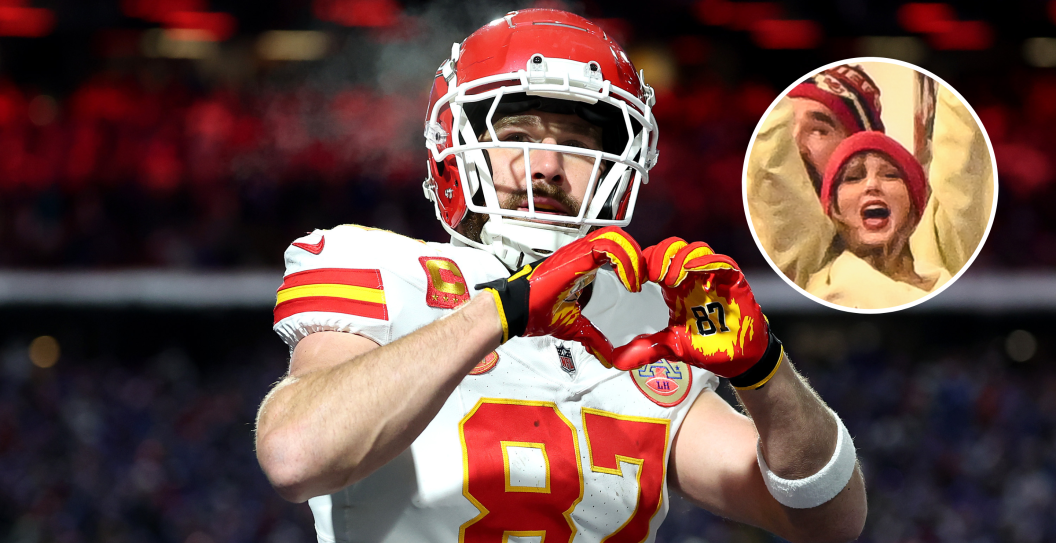 ORCHARD PARK, NEW YORK - JANUARY 21: Travis Kelce #87 of the Kansas City Chiefs celebrates after scoring a 22 yard touchdown against the Buffalo Bills during the second quarter in the AFC Divisional Playoff game at Highmark Stadium on January 21, 2024 in Orchard Park, New York and RCHARD PARK, NY - JANUARY 21: Brittany Mahomes, Jason Kelce, and Taylor Swift react during the second half of the AFC Divisional Playoff game between the Kansas City Chiefs and the Buffalo Bills at Highmark Stadium on January 21, 2024 in Orchard Park, New York.