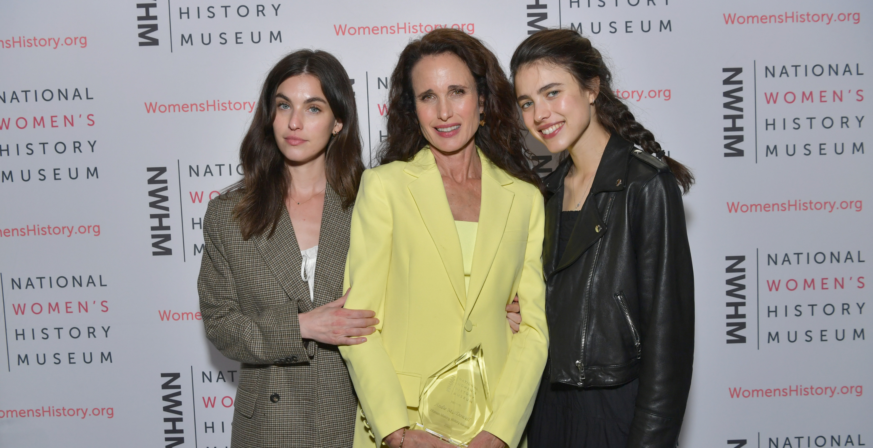Rainey Qualley, honoree Andie MacDowell and Margaret Qualley attend the National Women's History Museum's 8th Annual Women Making History Awardsat Skirball Cultural Center on March 08, 2020 in Los Angeles, California.
