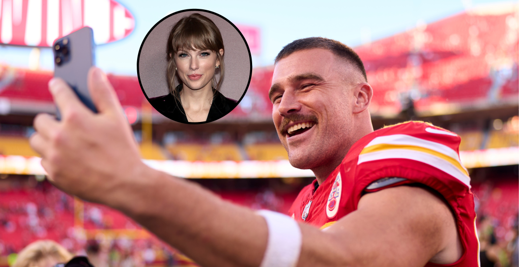 KANSAS CITY, MO - SEPTEMBER 24: Travis Kelce #87 of the Kansas City Chiefs celebrates after defeating the Chicago Bears at GEHA Field at Arrowhead Stadium on September 24, 2023 in Kansas City, Missouri and NEW YORK, NEW YORK - NOVEMBER 12: Taylor Swift attends the "All Too Well" New York Premiere on November 12, 2021 in New York City.