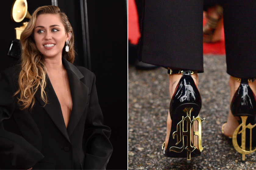 LOS ANGELES, CA - FEBRUARY 10: Miley Cyrus attends the 61st Annual GRAMMY Awards at Staples Center on February 10, 2019 in Los Angeles, California and LOS ANGELES, CA - FEBRUARY 10: Miley Cyrus, fashion detail, attends the 61st Annual GRAMMY Awards at Staples Center on February 10, 2019 in Los Angeles, California.