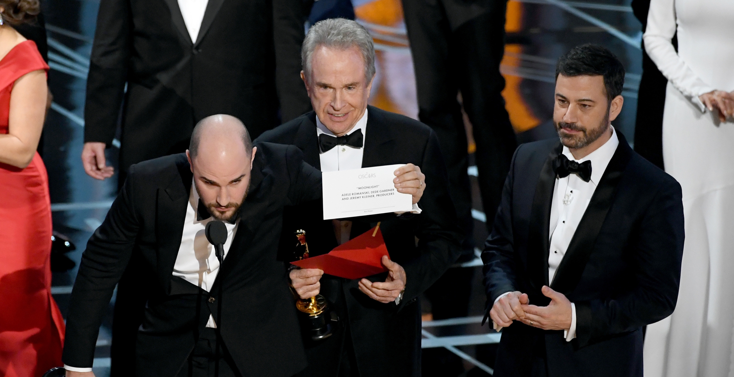'La La Land' producer Jordan Horowitz holds up the winner card at 2017 Oscars