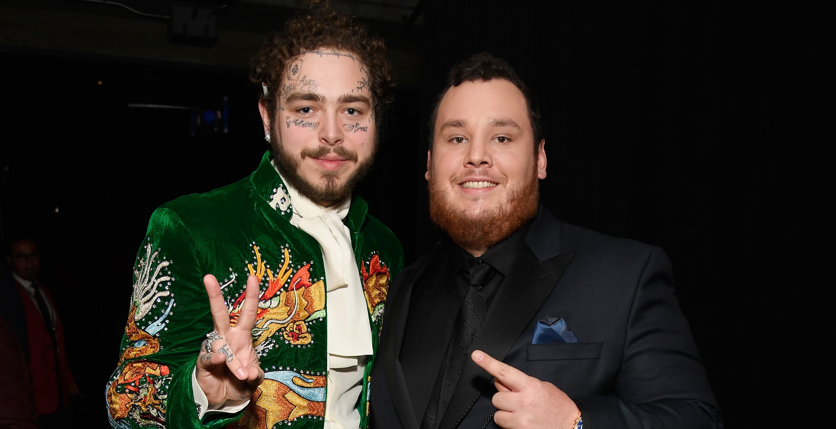 LOS ANGELES, CA - FEBRUARY 10: Post Malone (L) and Luke Combs backstage during the 61st Annual GRAMMY Awards at Staples Center on February 10, 2019 in Los Angeles, California.