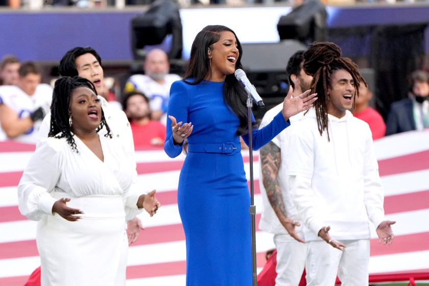 INGLEWOOD, CALIFORNIA - FEBRUARY 13: Mickey Guyton performs the national anthem at Super Bowl LVI at SoFi Stadium on February 13, 2022 in Inglewood, California. 