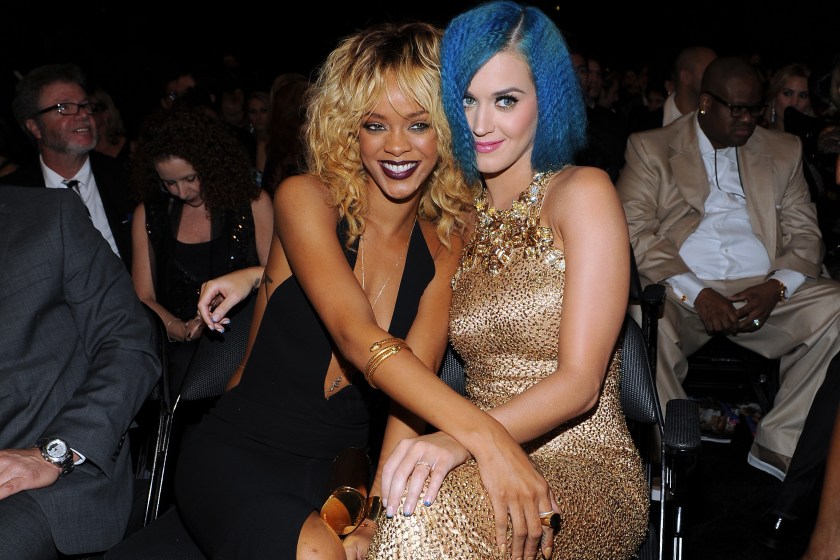 LOS ANGELES, CA - FEBRUARY 12: Singers Rihanna and Katy Perry in the audience at the 54th Annual GRAMMY Awards held at Staples Center on February 12, 2012 in Los Angeles, California.
