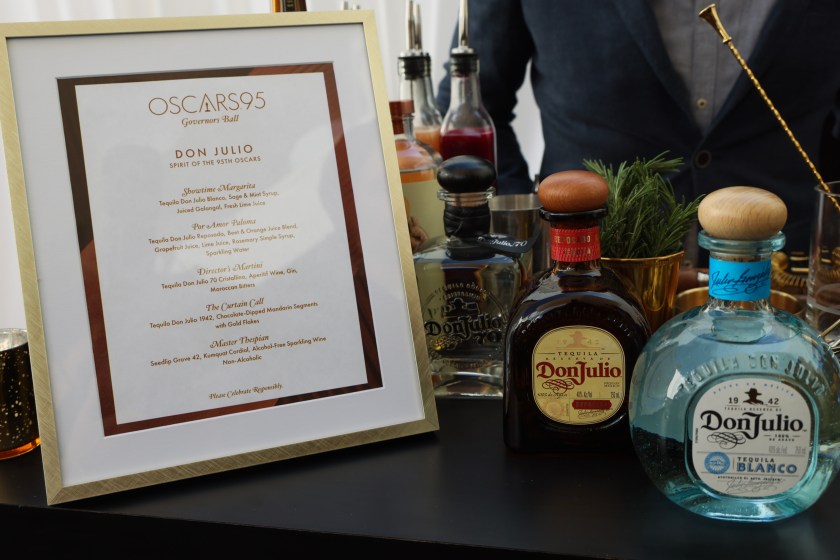 HOLLYWOOD, CALIFORNIA - MARCH 07: Don Julio cocktail menu at the 95th Oscars Governors Ball preview at The Ray Dolby Ballroom on March 07, 2023 in Hollywood, California.