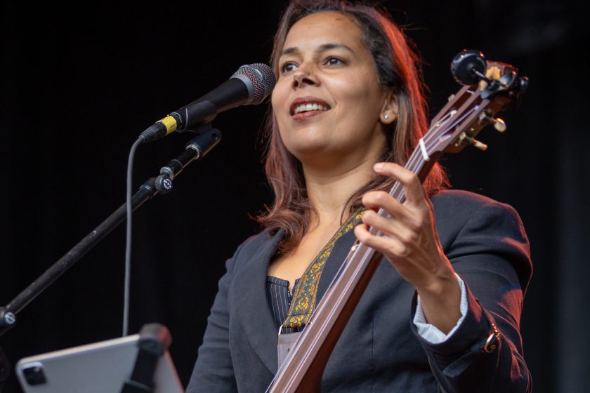 NORTH ADAMS, MASSACHUSETTS - SEPTEMBER 24: Rhiannon Giddens performs during the FreshGrass Music Festival at Mass MoCA on September 24, 2023 in North Adams, Massachusetts.