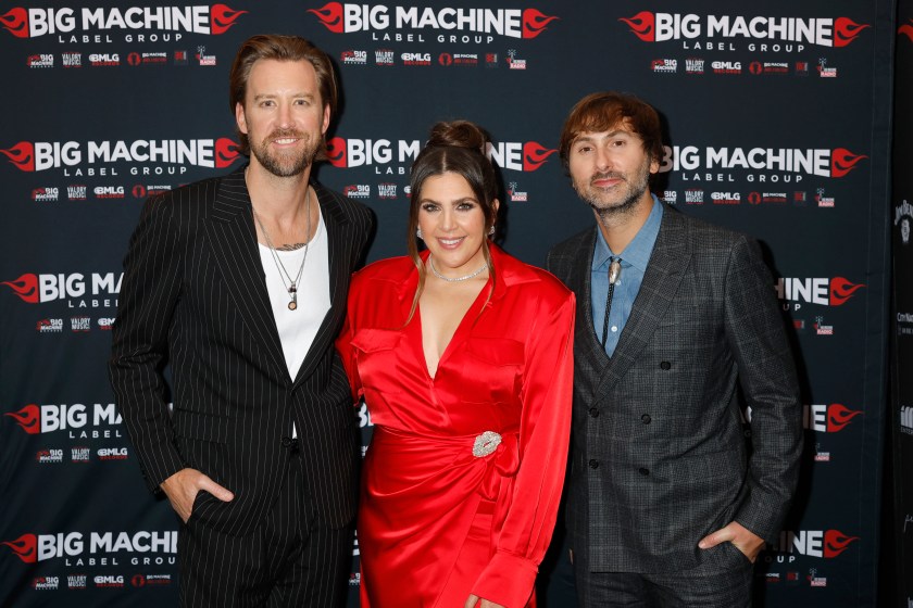 NASHVILLE, TENNESSEE - NOVEMBER 08: (L-R) Charles Kelley, Hillary Scott and Dave Haywood and Lady A attend the Big Machine Label Group celebration of the 57th Annual CMA Awards in Nashville at The Bell Tower on November 08, 2023 in Nashville, Tennessee.