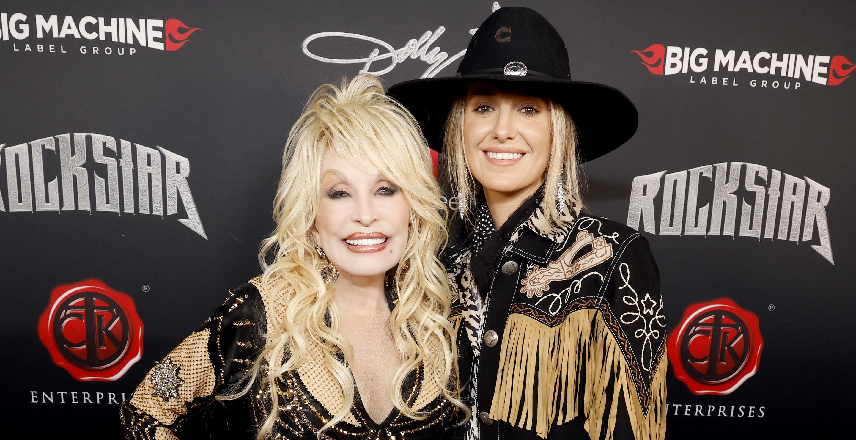 NASHVILLE, TENNESSEE - NOVEMBER 16:  (EDITORS NOTE: This image has been retouched.) (L-R) Dolly Parton and Lainey Wilson attend Dolly Parton's Rockstar VIP Album Release Party with American Greetings on November 16, 2023 in Nashville, Tennessee.