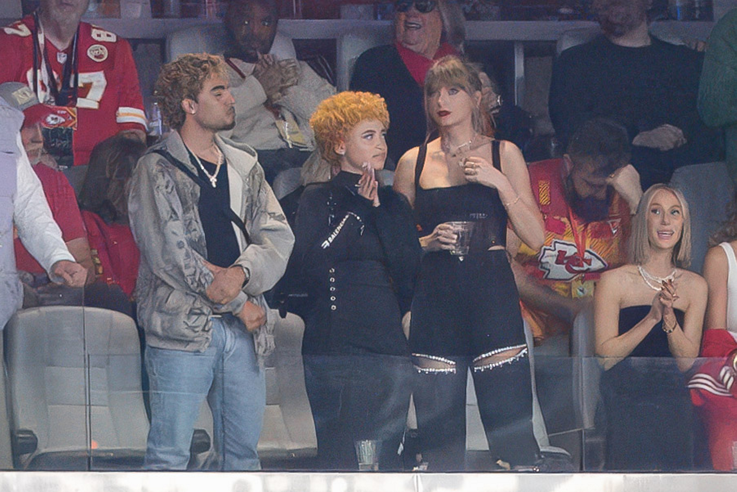 LAS VEGAS, NEVADA - FEBRUARY 11: Taylor Swift looks on during the Super Bowl LVIII game between San Francisco 49ers and Kansas City Chiefs at Allegiant Stadium on February 11, 2024 in Las Vegas, Nevada. 