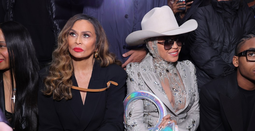 NEW YORK, NEW YORK - FEBRUARY 13: (L-R) Tina Knowles and Beyoncé attend the Luar fashion show during New York Fashion Week on February 13, 2024 in New York City.