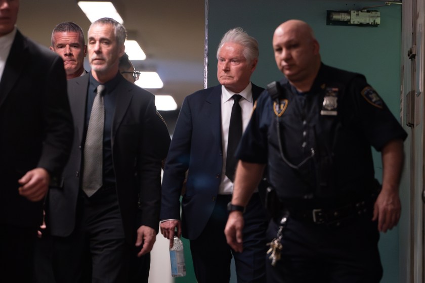 NEW YORK, NEW YORK - FEBRUARY 26: Don Henley (C) of music group the Eagles departs Manhattan Criminal Court on February 26, 2024 in New York City. A judge will continue hearing testimony in a criminal case involving ownership of handwritten lyrics for songs on the Eagles' 1976 album, "Hotel California." 